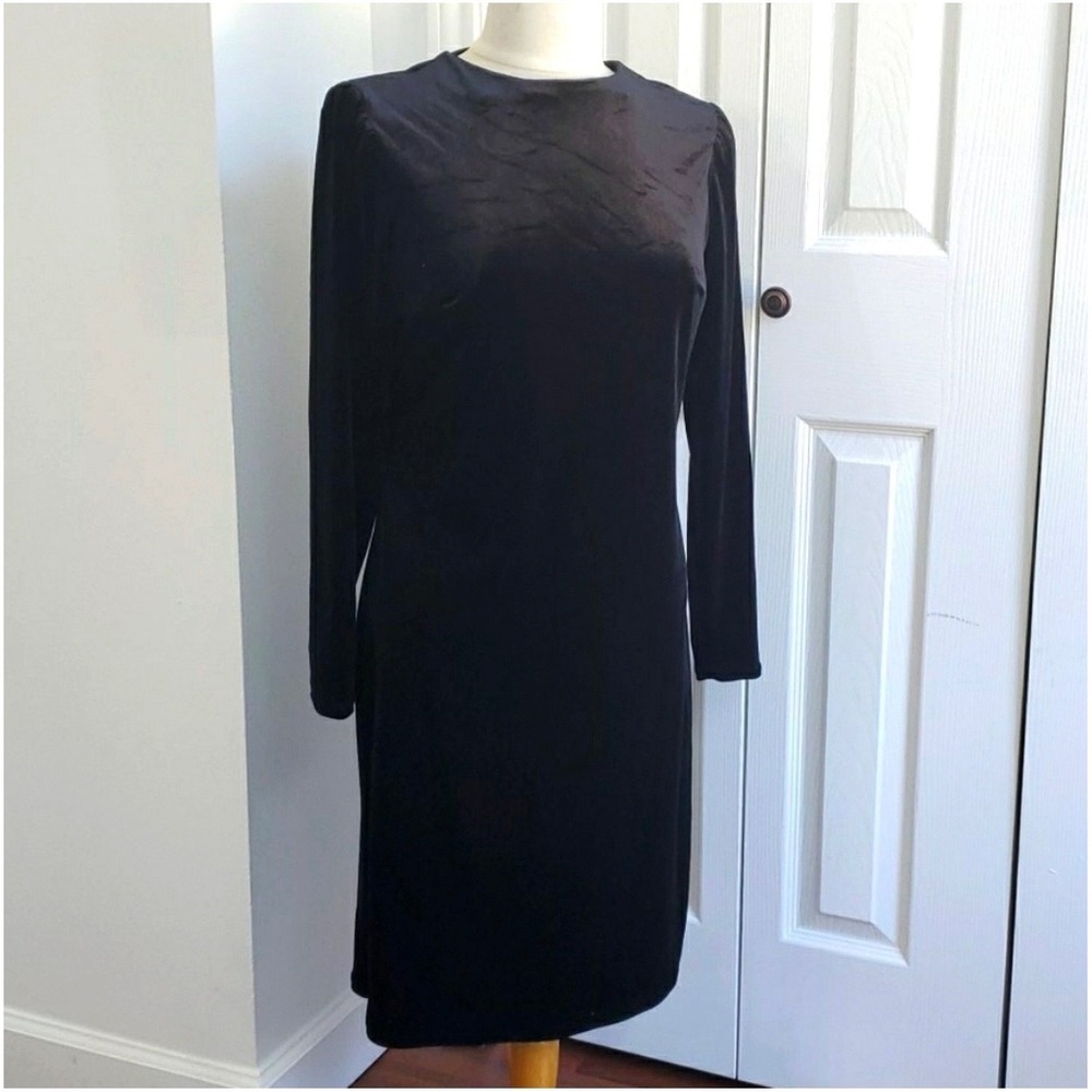 Black Velvet Long Sleeve Crew Neck Sheath Dress XS